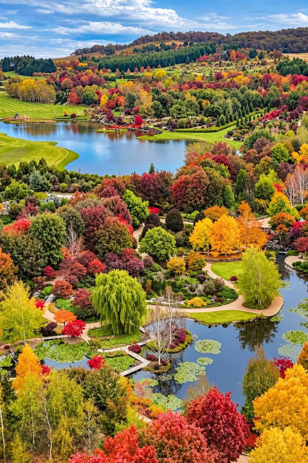 Colorful autumn landscape with trees, a lake, and a golf course.