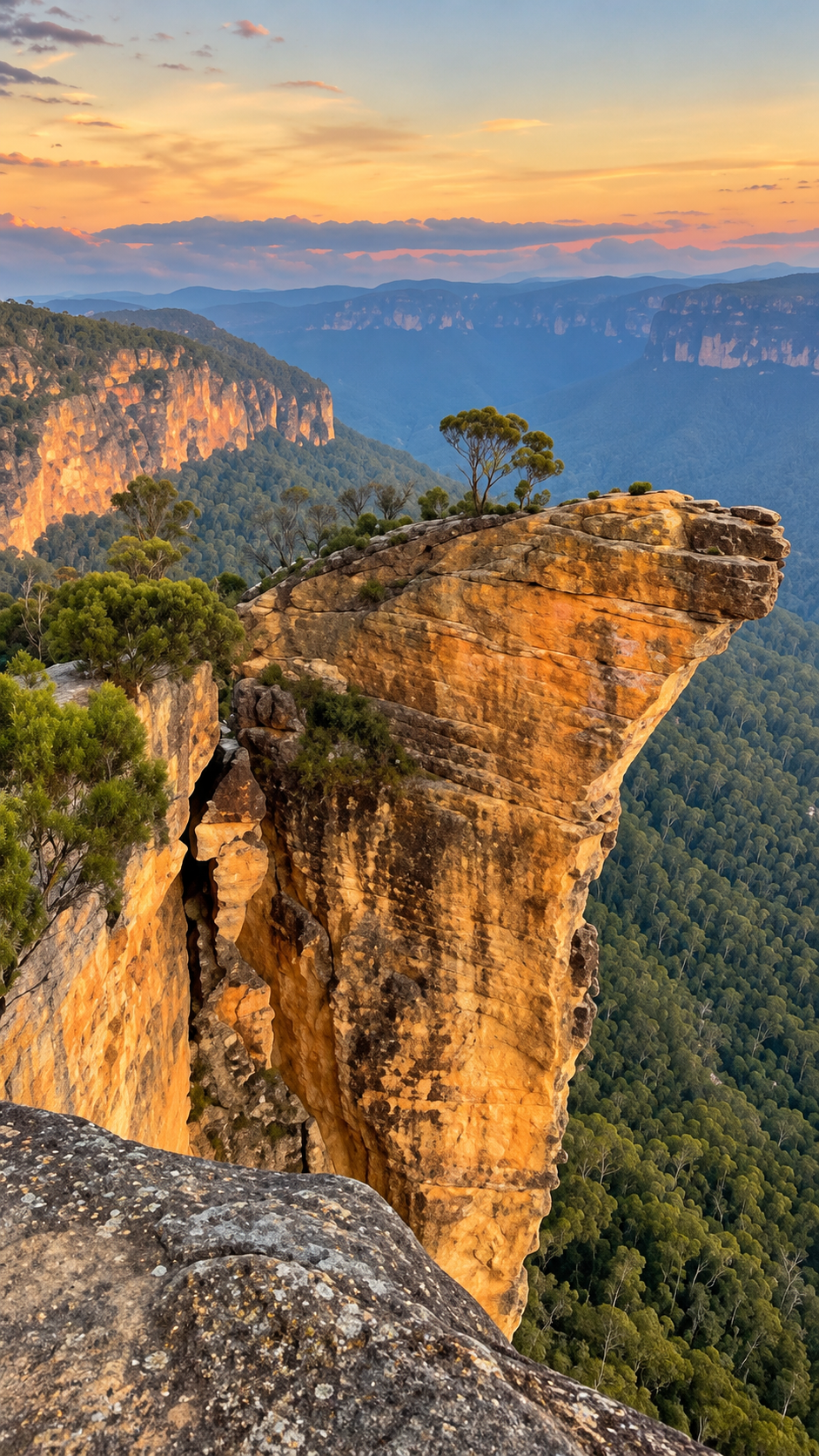 A scenic view of a rocky cliff with sparse trees overlooking a lush green valley and mountain range during sunset.