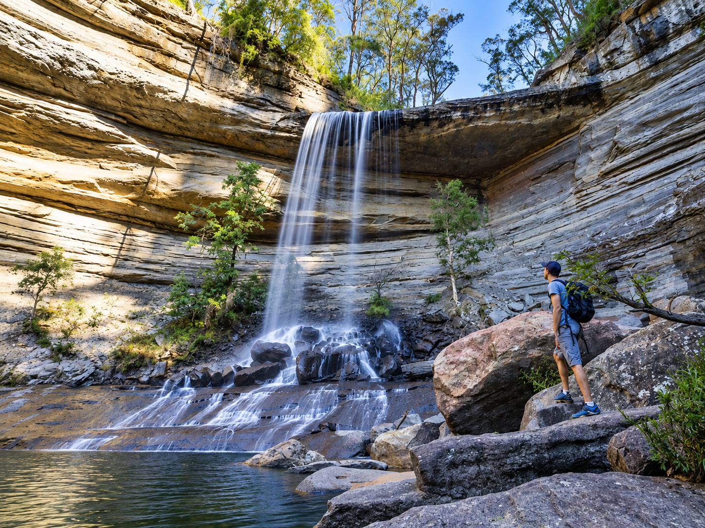 A person standing on rocks by a waterfall in a rocky canyon with trees and clear blue sky overhead.