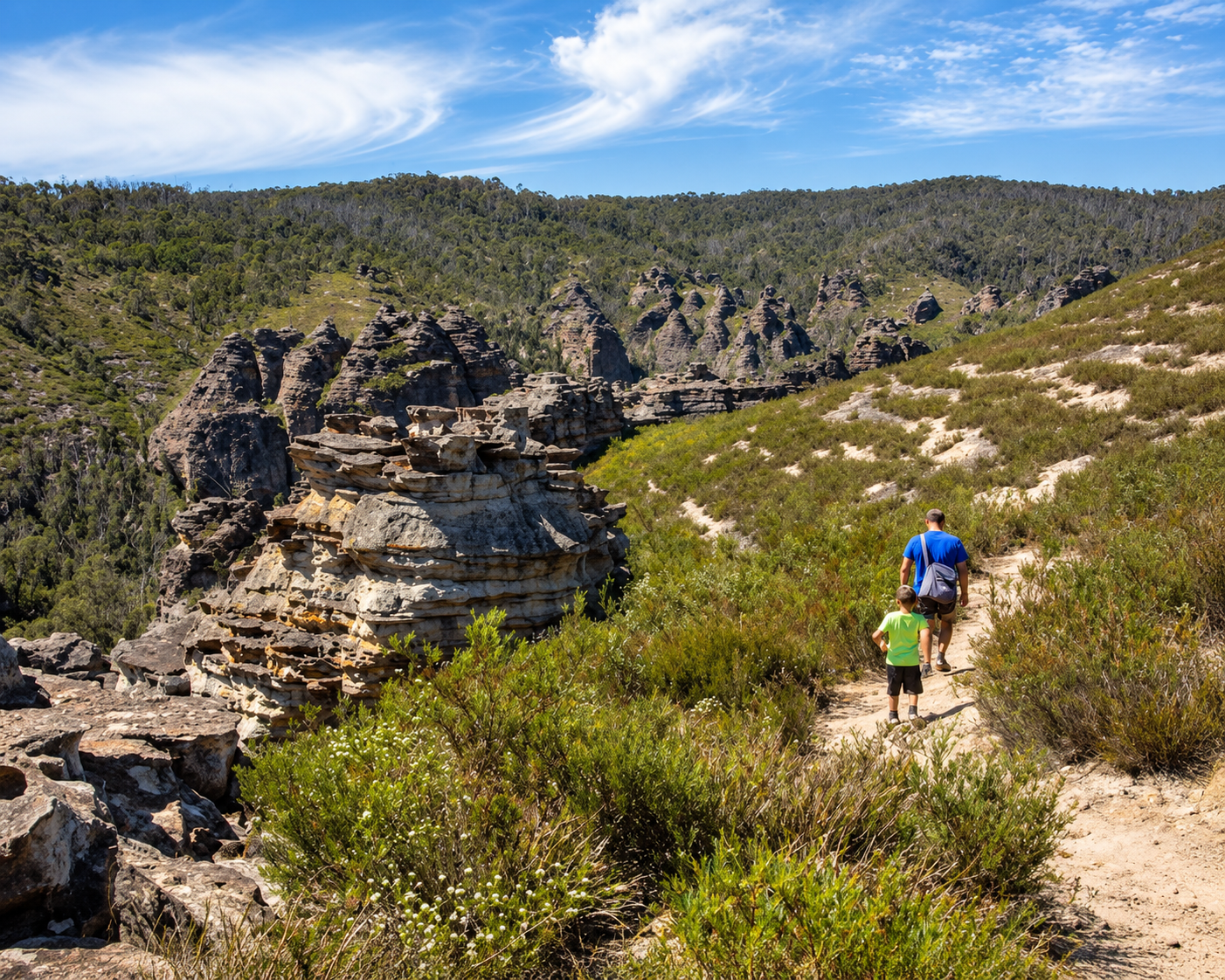 A man and a child hiking on a trail through a rocky, green landscape with unusual rock formations and a blue sky with wispy clouds overhead.