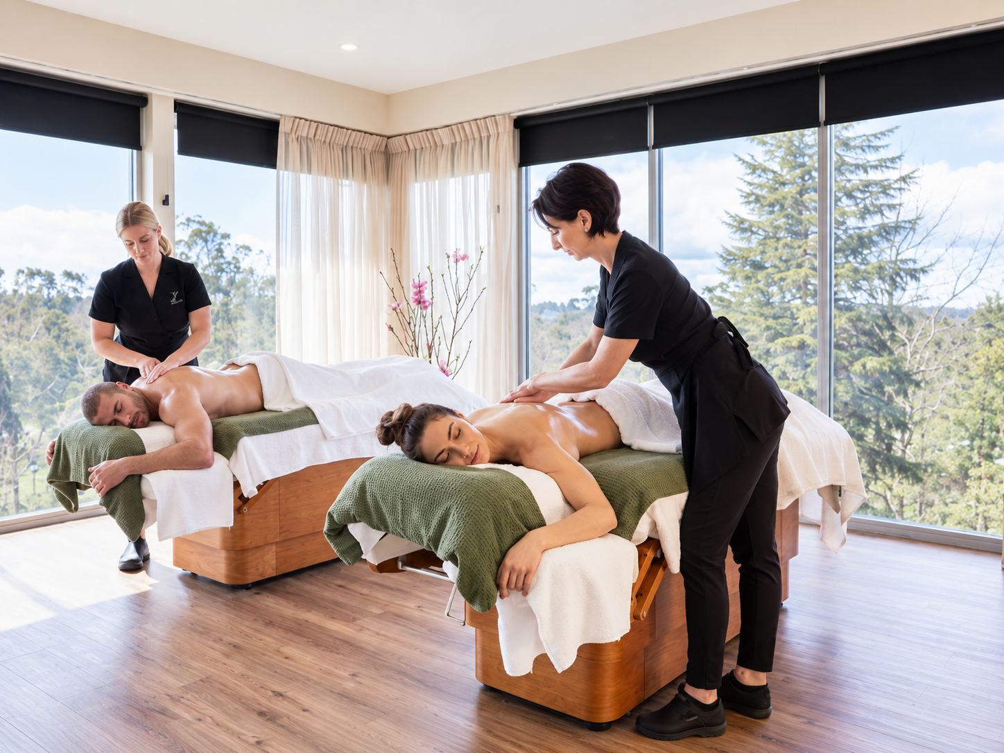 Two women receiving massage therapy from therapists at massage clinic in a bright room with large windows and green view outside.