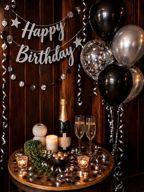 A birthday celebration setup with black and silver balloons, a 'Happy Birthday' banner, a bottle of champagne, two glasses of champagne, candles, a small plant, a bowl of gold-wrapped chocolates, and festive decorations on a wooden table against a wooden wall.