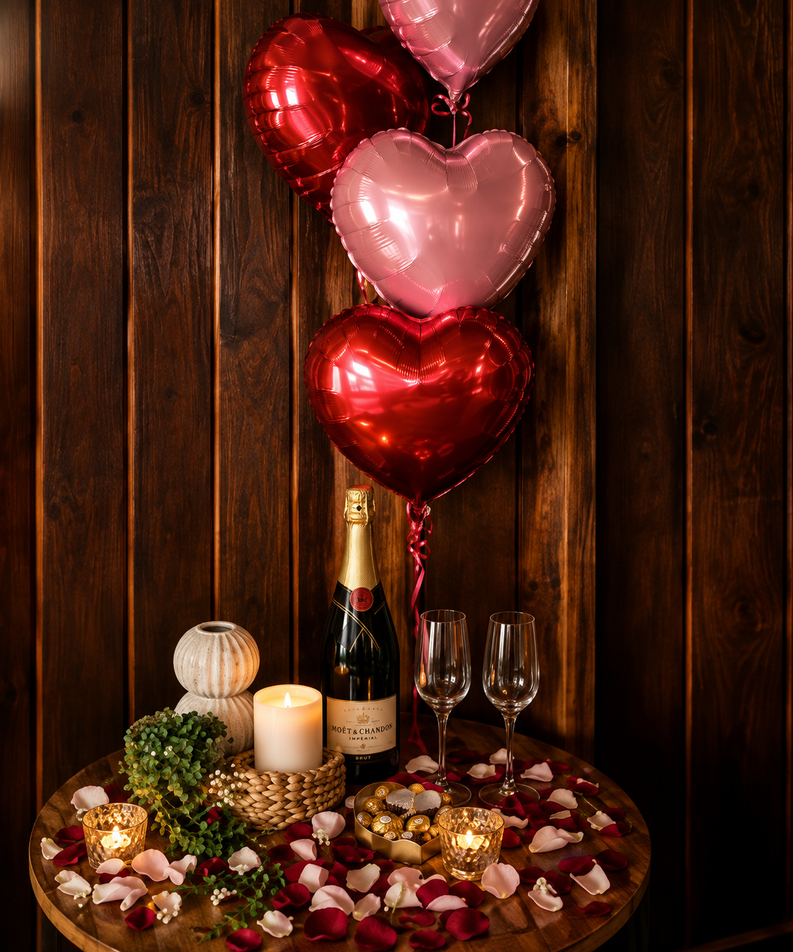 Valentine's Day setup with heart-shaped balloons, champagne, candles, chocolates, and rose petals on a wooden table.