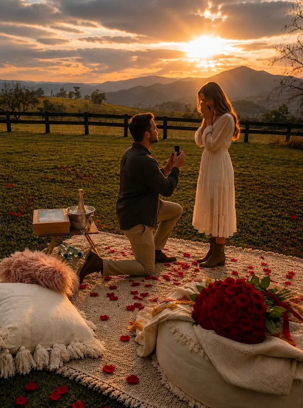 A man proposing to a woman on a scenic outdoor sunset. The man is kneeling with a ring box, and the woman is covering her mouth in surprise. The scene is decorated with rose petals, a blanket, and a bouquet of red roses on the ground.