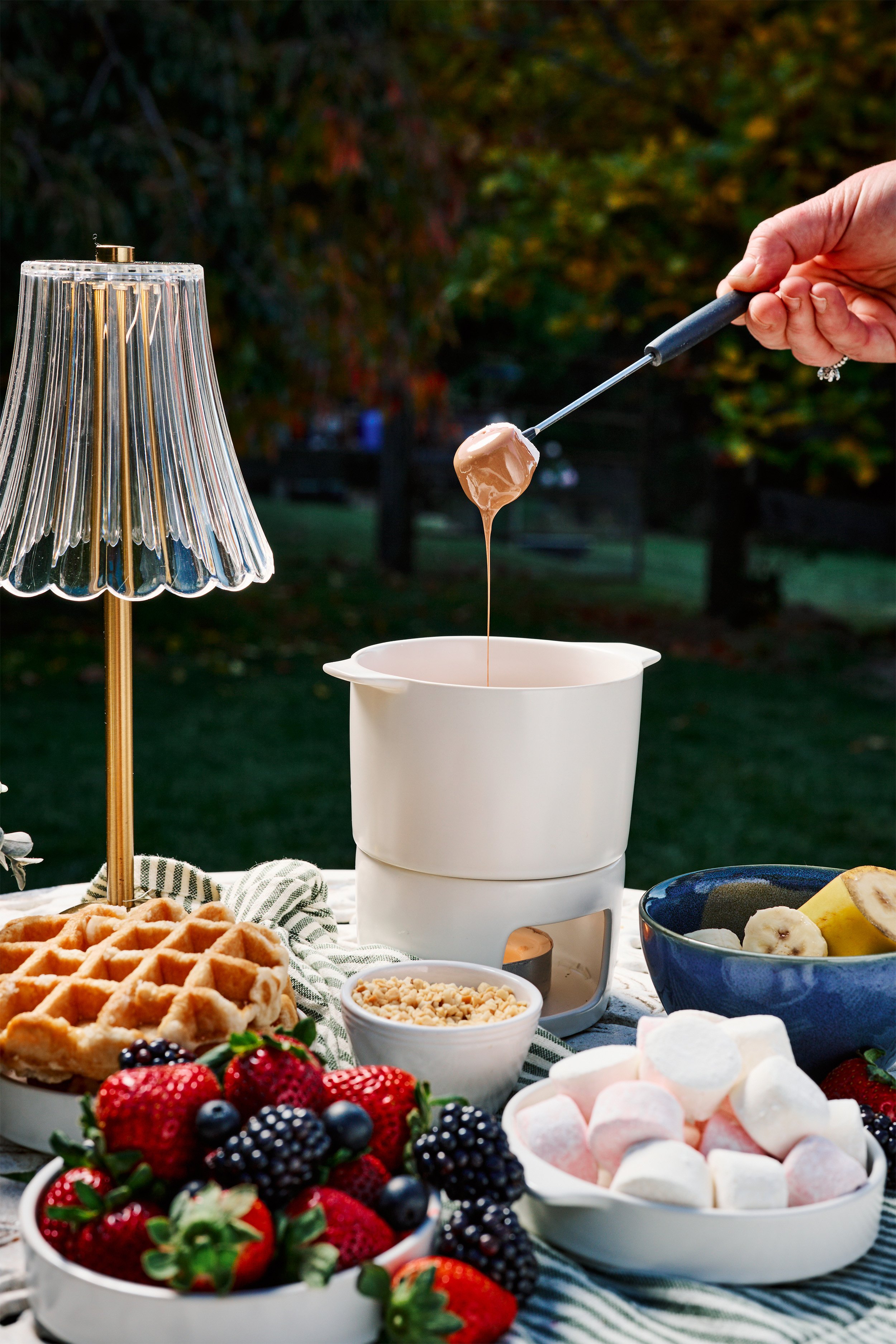 Close-up of a table set with waffles, strawberries, blueberries, marshmallows, and bowls of toppings, with a marshmallow roasting device and a glass lamp on the side, outdoors during daytime.