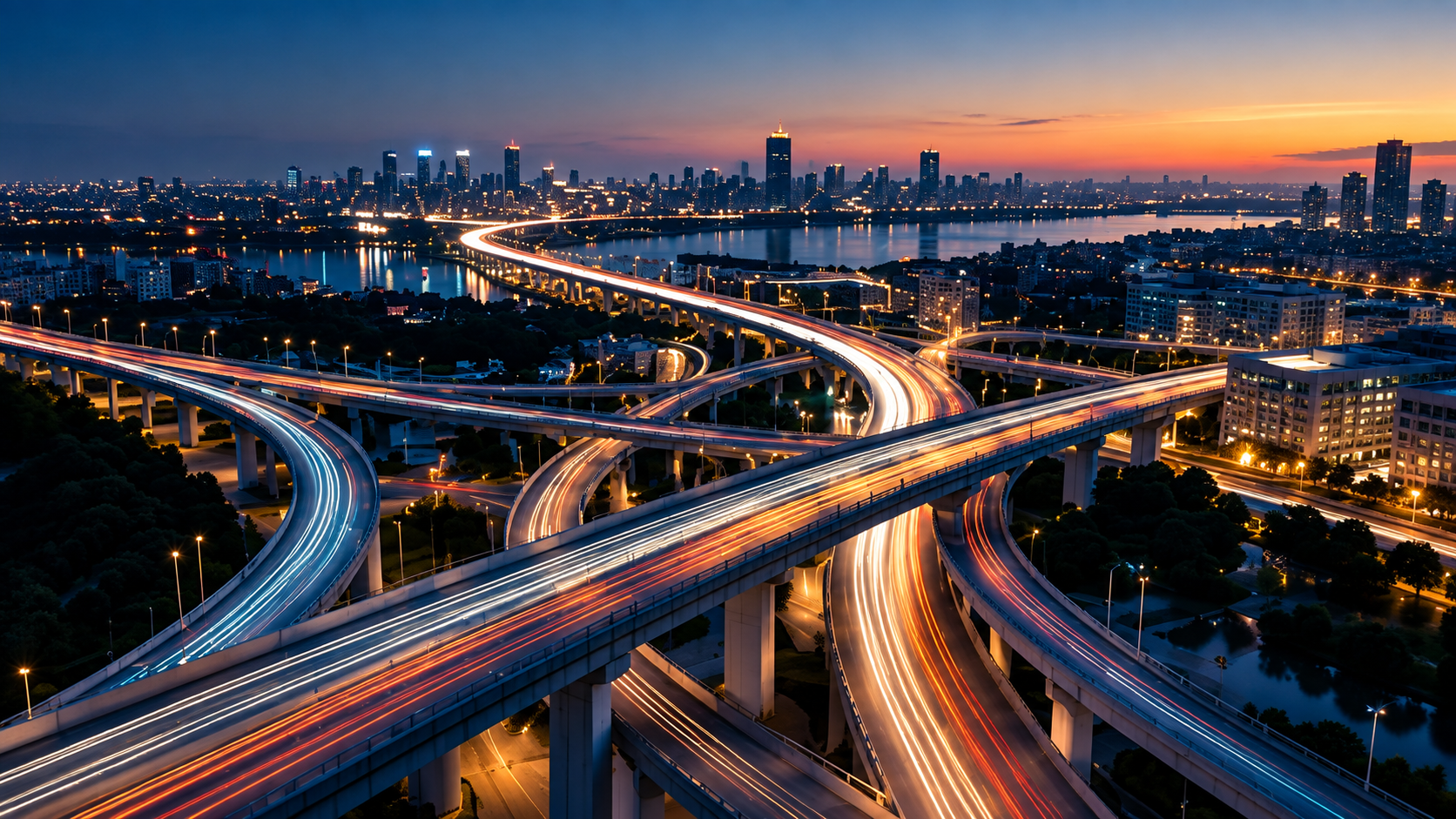A city skyline at dusk with illuminated skyscrapers and a river reflecting city lights. In the foreground, a complex highway interchange with light trails from moving vehicles, highlighting the busy urban traffic.