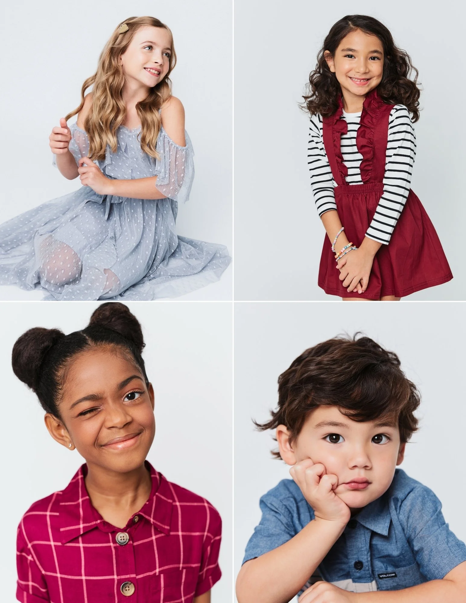 Four children, two girls and two boys, each with different expressions and poses, against a plain light background.