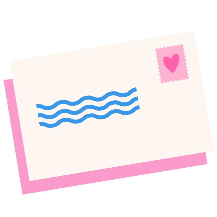 A white envelope with blue wavy lines and a pink heart stamp on a pink background.