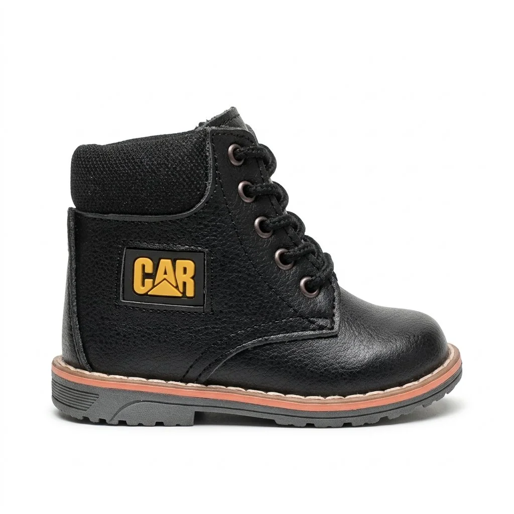 Black CAT leather work boot with gray lug sole and orange trim