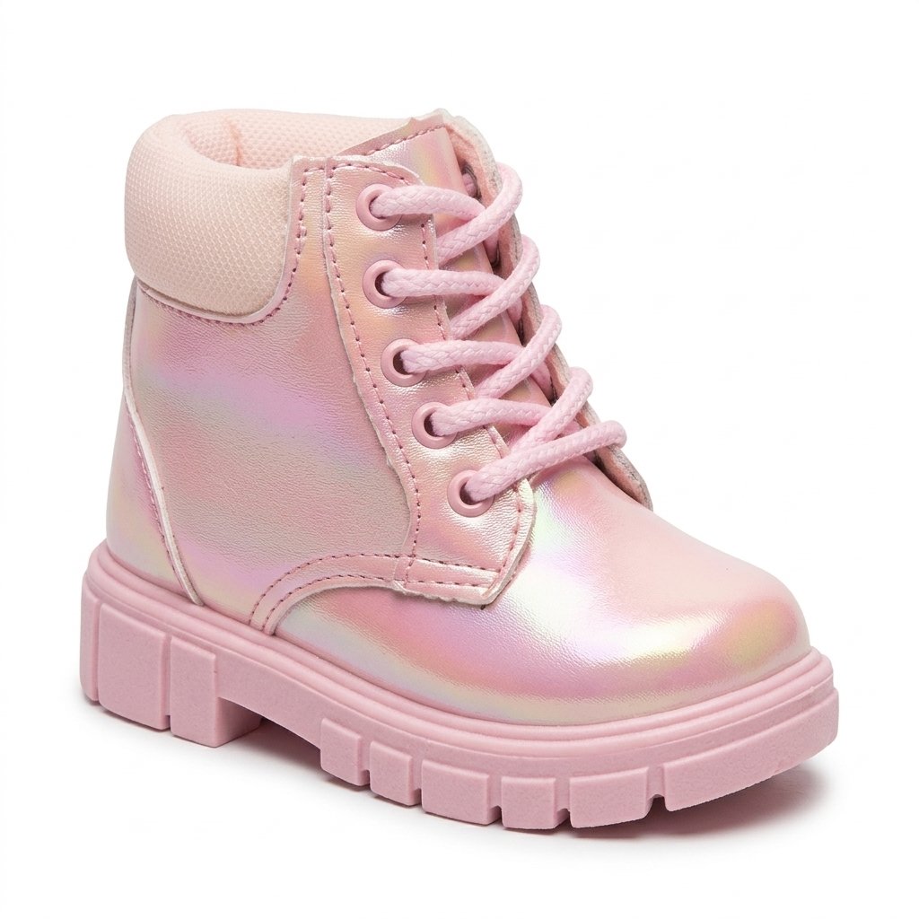 Pink iridescent lace-up ankle boot with a chunky lug sole
