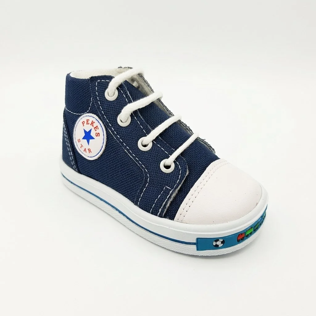 Navy blue high-top kids’ sneaker with white laces, toe cap, and star logo