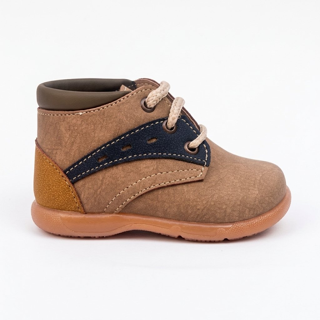 Brown and navy children's ankle boot with cream laces and rubber sole