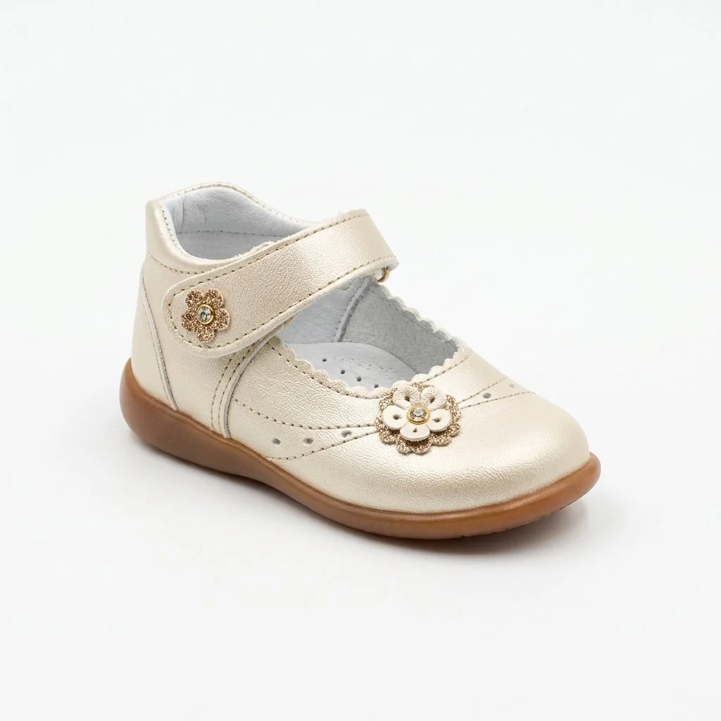 Ivory children's Mary Jane shoe with flower embellishments and brown rubber sole