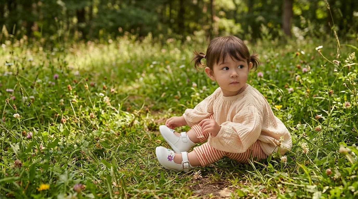 Young girl with pigtails sitting in a sunny meadow wearing a cream sweater, striped leggings, and white shoes