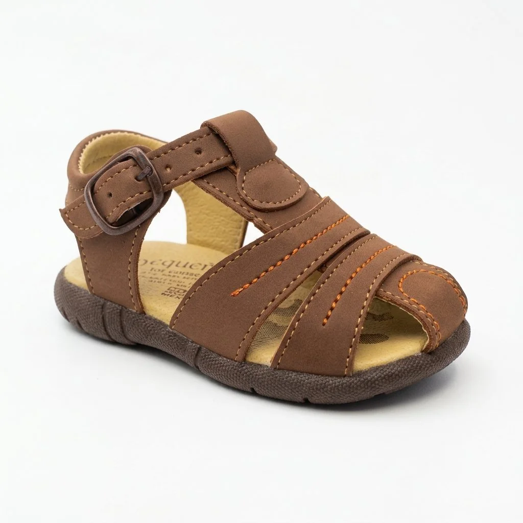 Brown leather-style sandal with adjustable buckle, stitched straps, and textured rubber sole