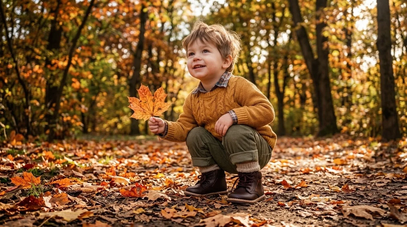 Young boy holding an orange maple leaf while crouching in an autumn forest