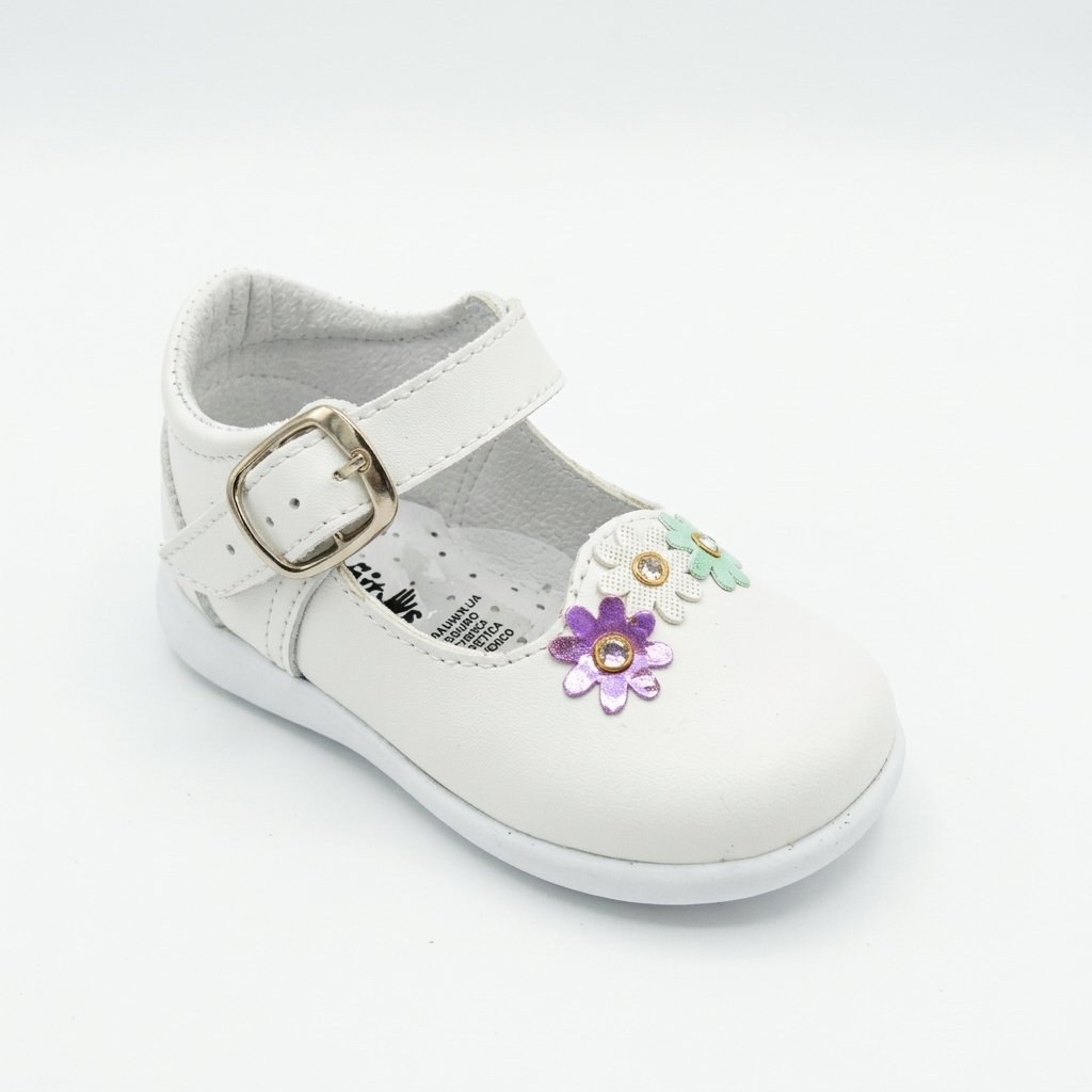 White children's Mary Jane shoe with a buckle strap and colorful flower embellishments