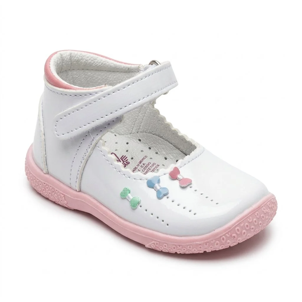 White children's Mary Jane shoe with pink sole, Velcro strap, and colorful bow decorations