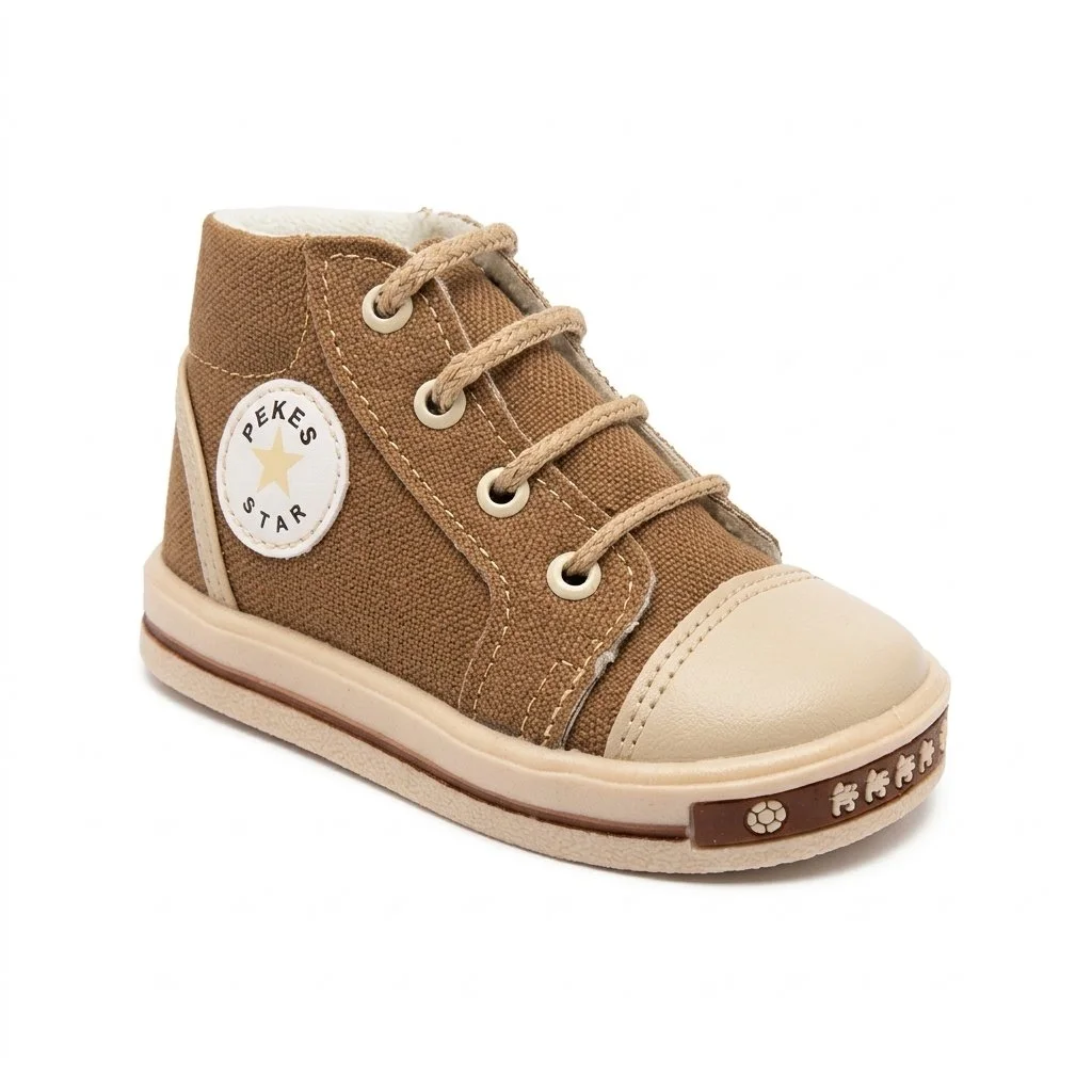Brown canvas high-top children's sneaker with beige laces, rubber toe cap, and star patch