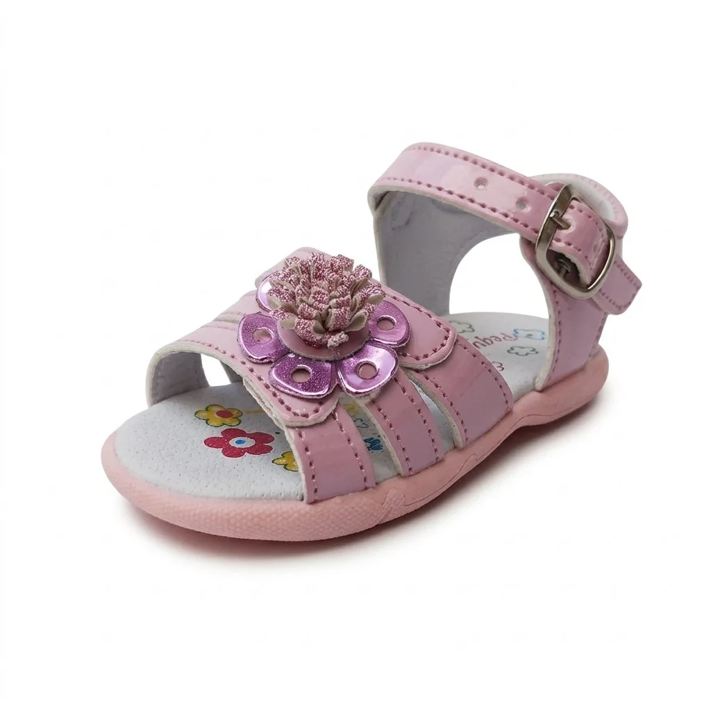 Pink toddler sandal with a decorative flower, floral insole, and adjustable ankle strap