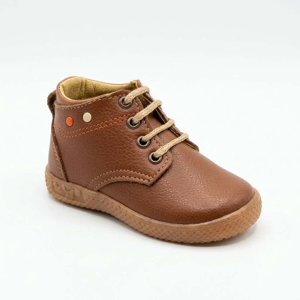 Brown leather lace-up ankle boot with a textured rubber sole on a white background