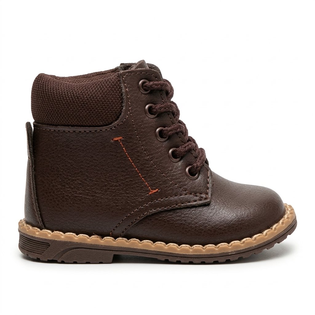 Brown leather lace-up ankle boot with padded collar and rugged rubber sole