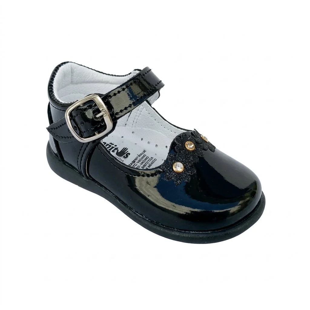 Black patent leather Mary Jane children's shoe with ankle buckle and decorative flower embellishments