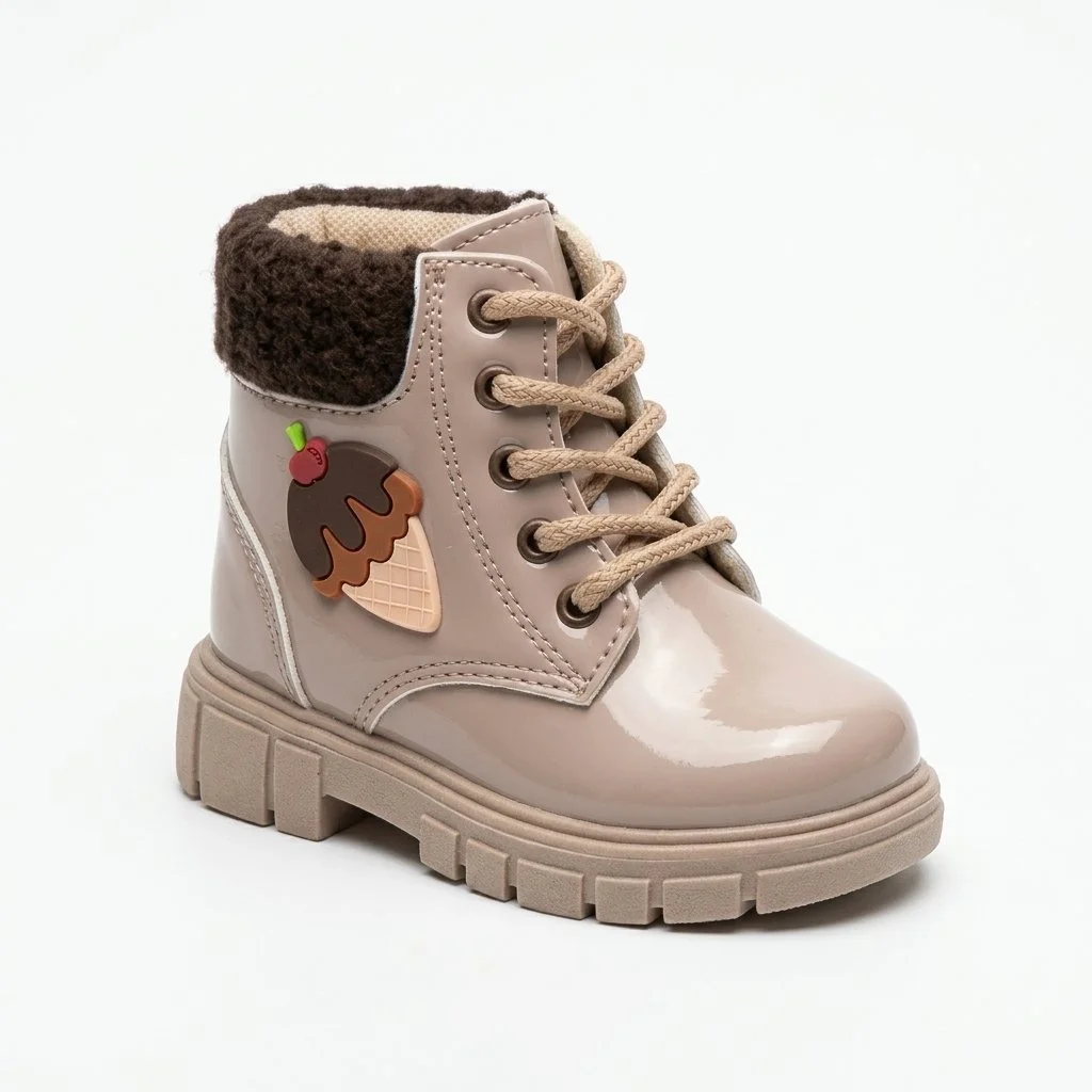 Beige children's winter ankle boot with faux-fur lining, lace-up front, chunky lug sole, and ice cream cone decoration