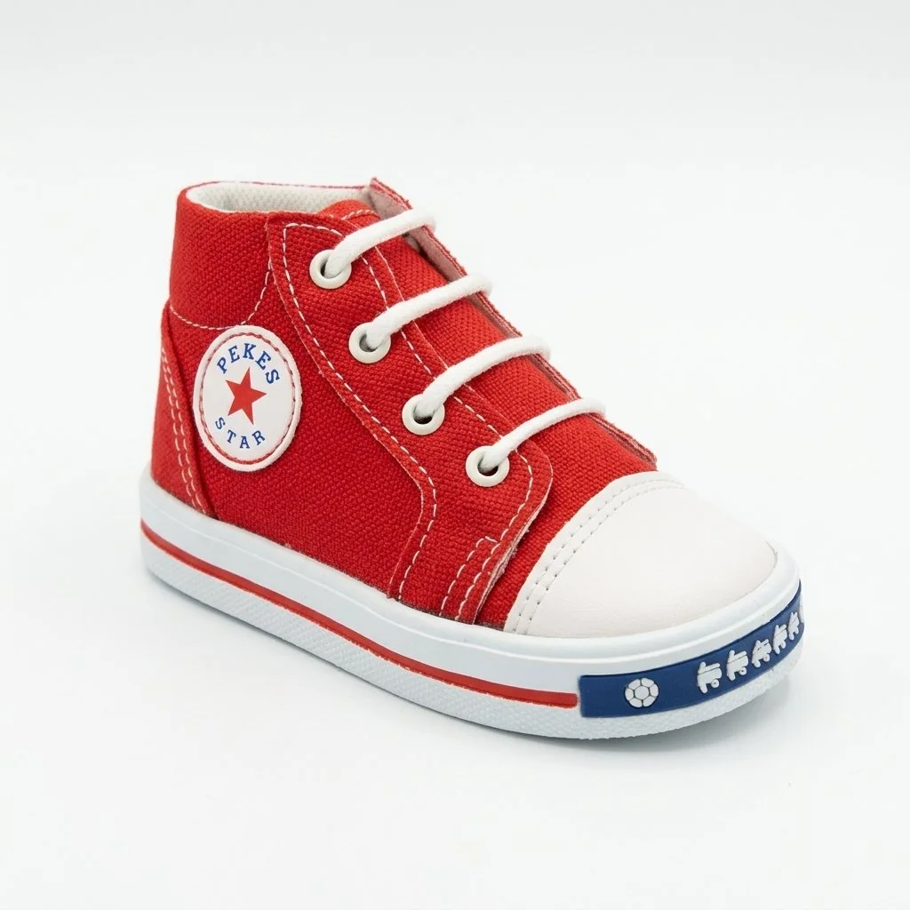 Red high-top canvas sneaker with white laces, rubber toe cap, and star logo