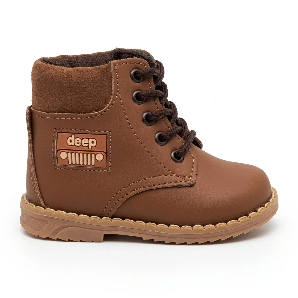 Brown lace-up ankle boot with padded collar and rugged rubber sole