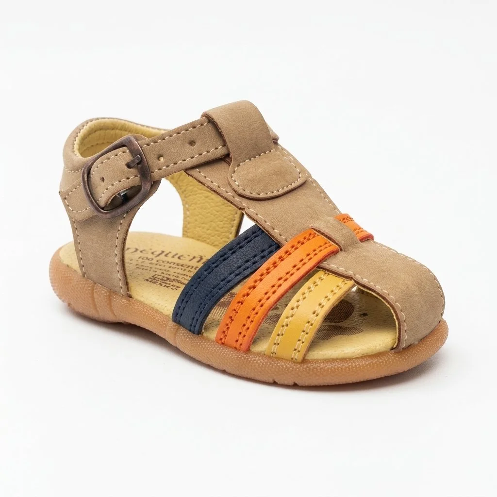 Tan children's leather sandal with orange, navy, and yellow straps and adjustable ankle buckle