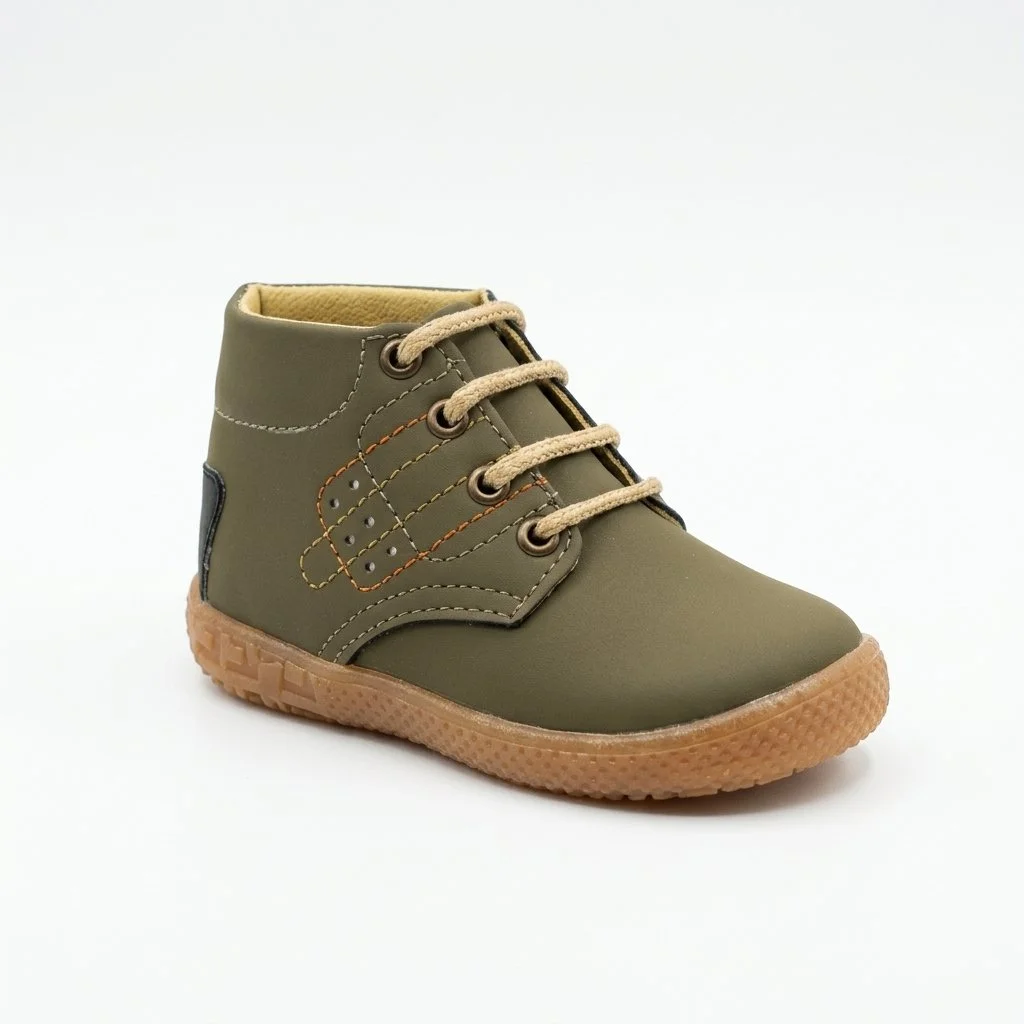 Olive green ankle boot with beige laces, stitched detailing, and tan rubber sole.