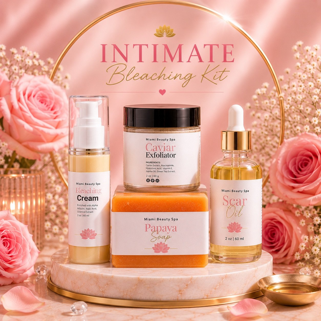 The iBleach Kit products: brightening bar, exfoliator, cream and face oil