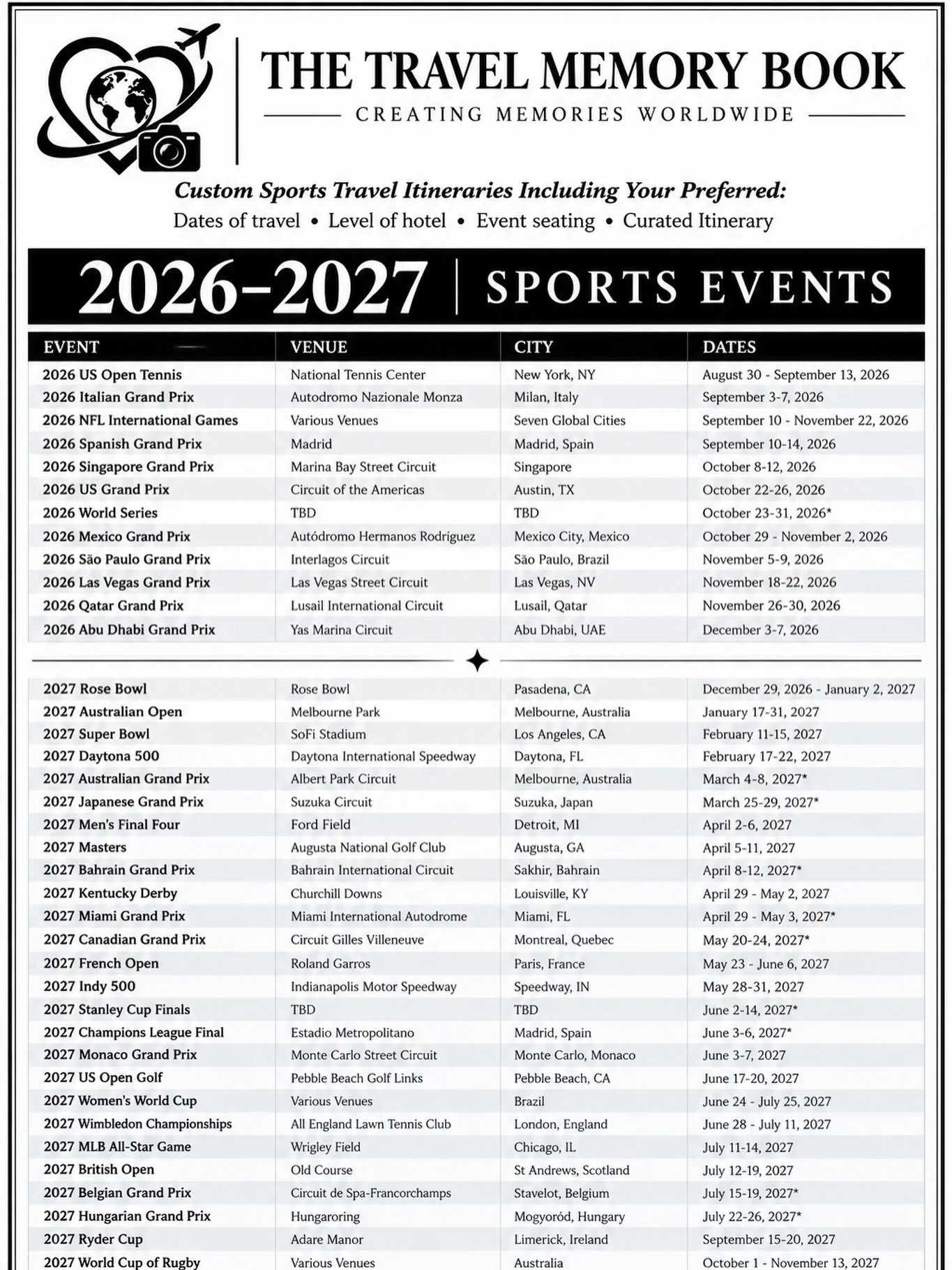 2026-2027 Sports Events
Custom Travel Itineraries. 📲Contact Button