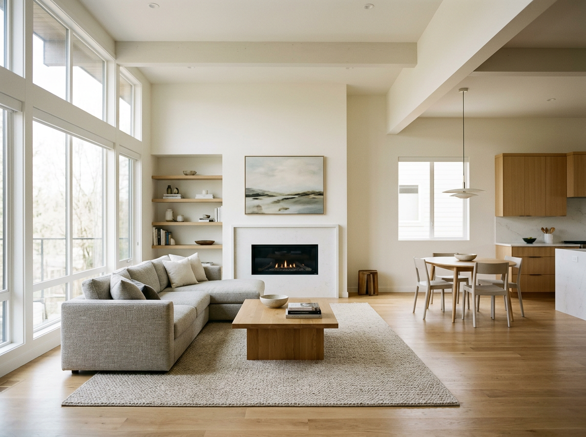 Bright and modern living room with large windows, grey sectional sofa, coffee table, built-in bookshelves, fireplace, and dining area with round table and four chairs