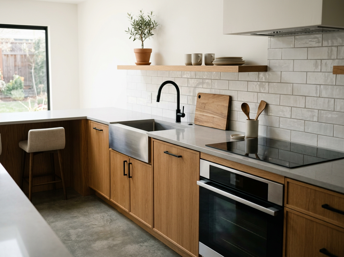 Modern kitchen with wooden cabinets, white countertop, black faucet, white subway tile backsplash, built-in oven, and a bar stool near a large window with a view of a backyard garden.