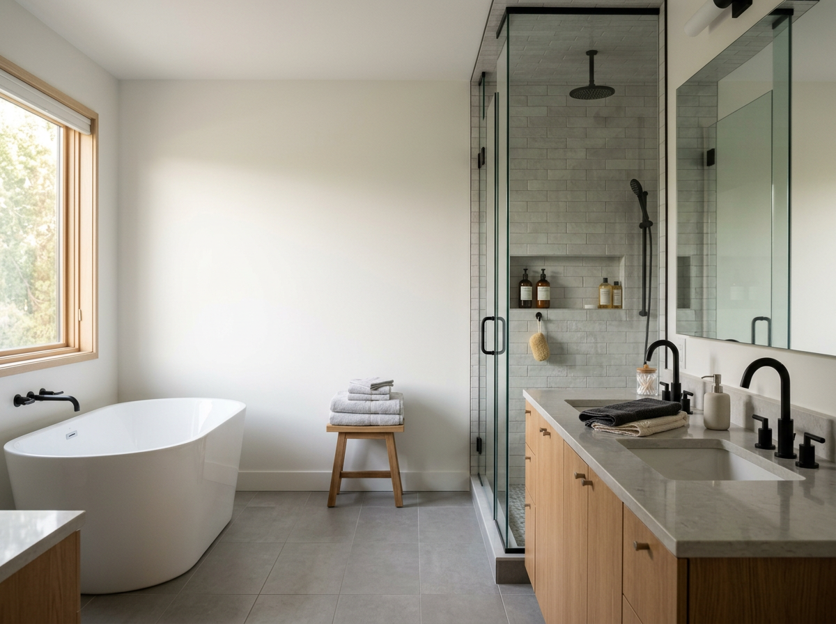 Modern bathroom with a white freestanding bathtub next to a window, a wooden stool with folded towels, a glass-enclosed shower with a grey tile interior, and a wooden vanity with a white countertop and black fixtures.