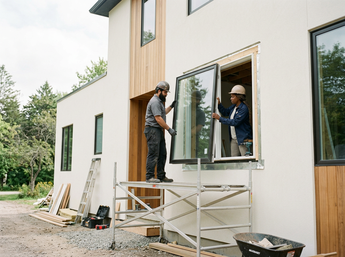 Two construction workers, wearing hard hats, install a window in a modern building under construction.
