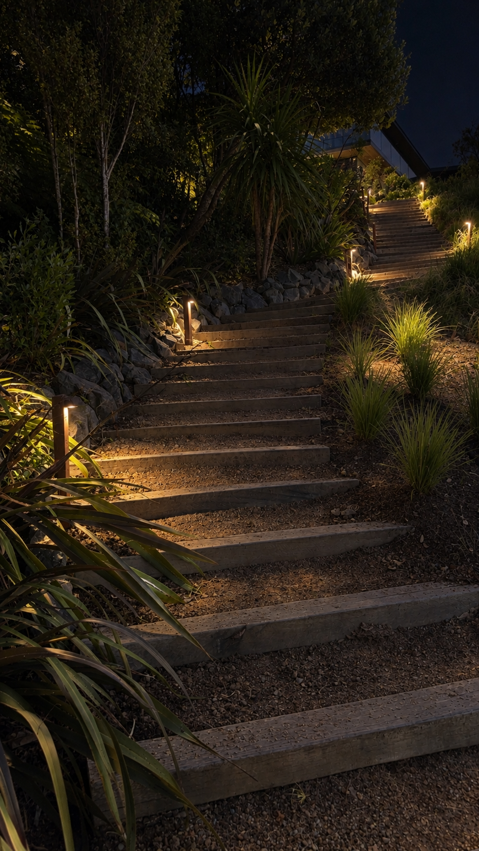 Wooden outdoor stairs leading uphill, illuminated by small ground lights, surrounded by lush green plants and trees at night.