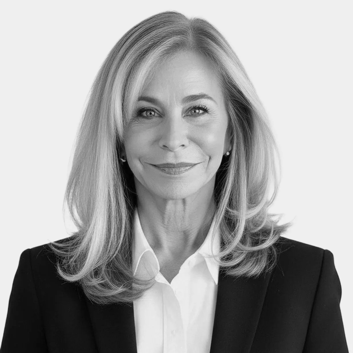 Black and white professional portrait of a smiling woman with long, wavy hair, wearing a dark blazer and a white collared shirt.