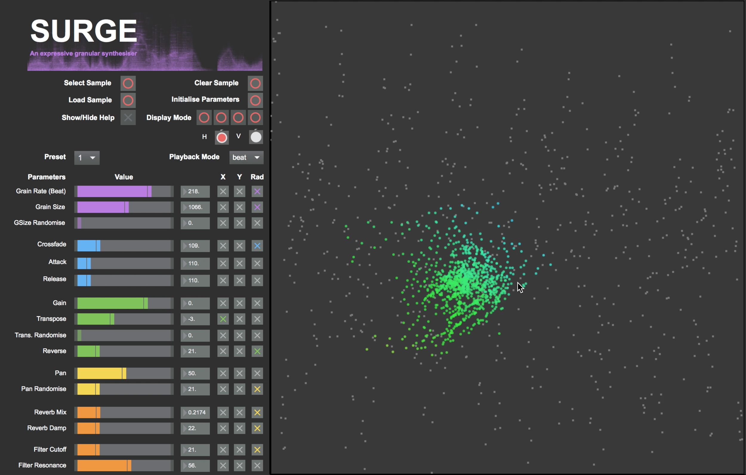 A computer interface for a granular synthesizer called SURGE. It features various controls, parameter sliders, and a visual display of colored dots representing sound data or synthesis parameters. Built using Max MSP and CataRT.