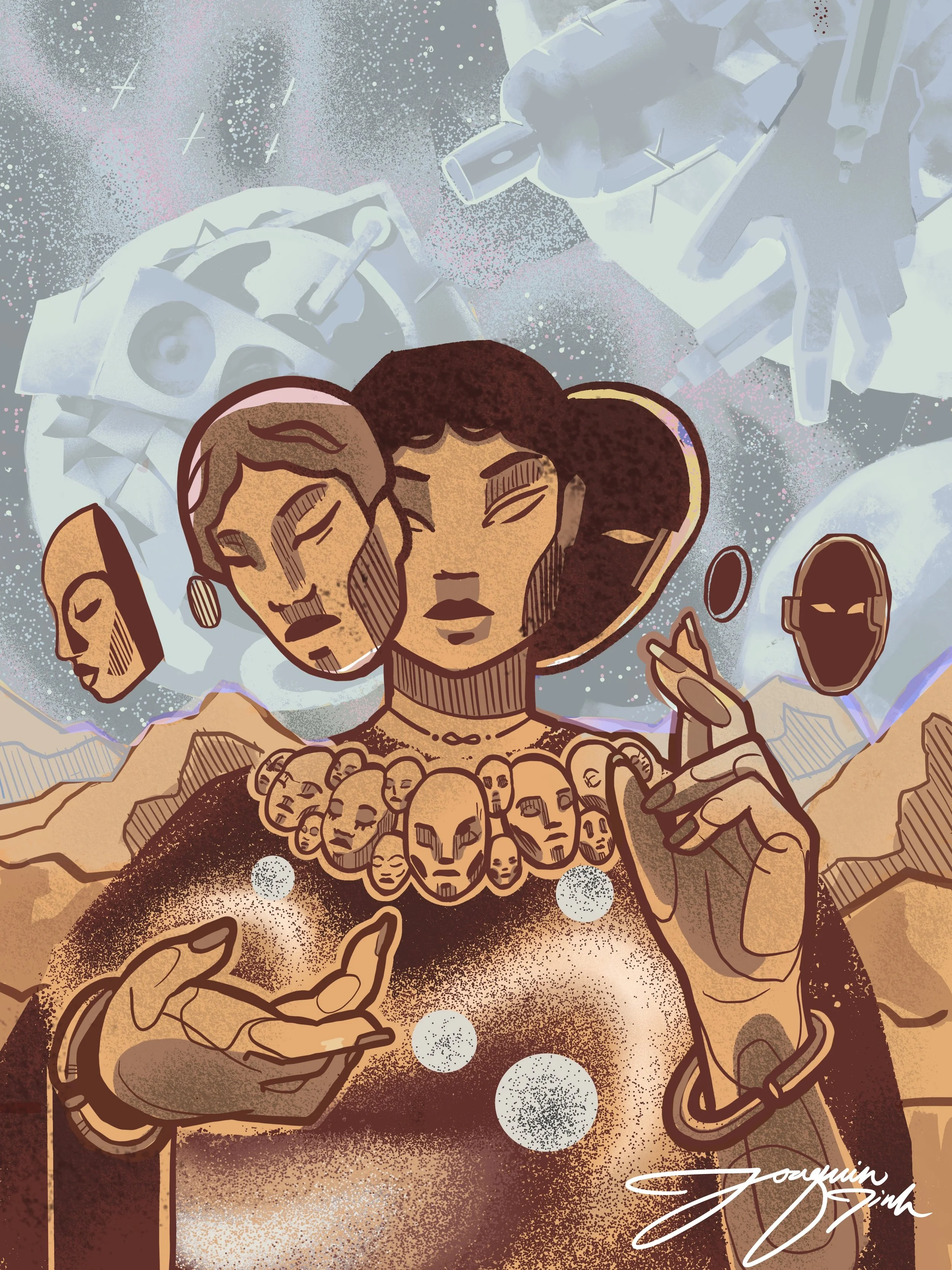 A stylized illustration of a woman with long brown hair, wearing a dark, textured outfit with skull embellishments and jewelry. She is surrounded by space-themed elements like planets, stars, and robotic hands reaching toward her from the background. The woman is holding a chain with a skull pendant and appears to be in a contemplative or serene pose, with her eyes closed.
