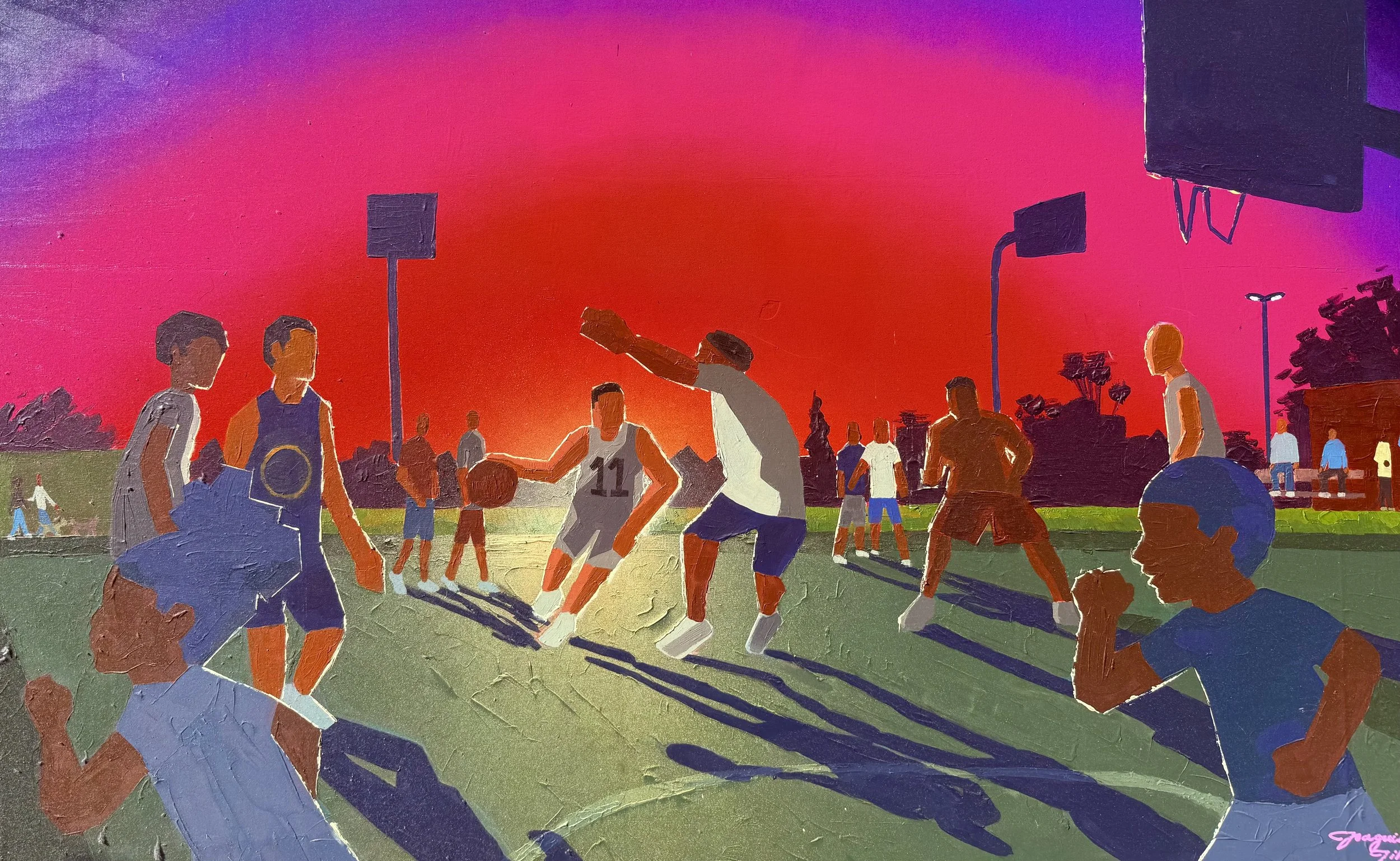 A colorful painting of people playing soccer on a field during sunset with a pink and purple sky. The scene includes players in various colored uniforms and surrounding lights and trees.