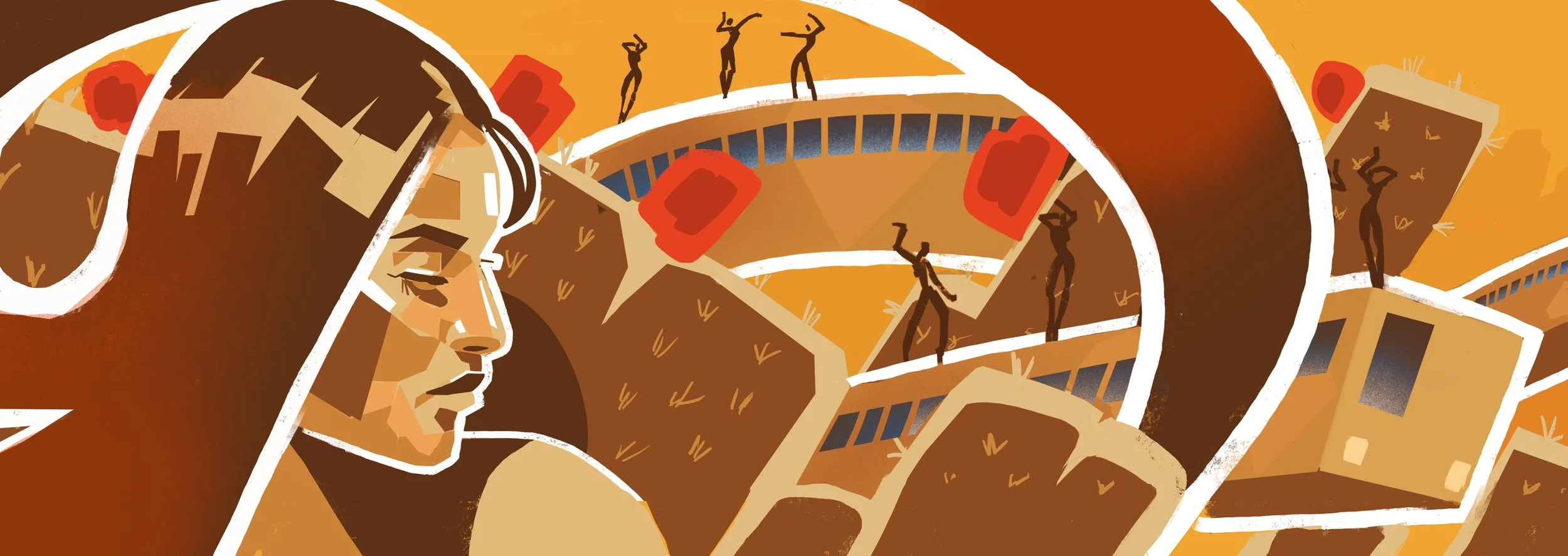 A stylized, abstract illustration of a man's face in profile with long hair, surrounded by mountains, trees, and abstract figures on a winding path in shades of brown, orange, and beige.