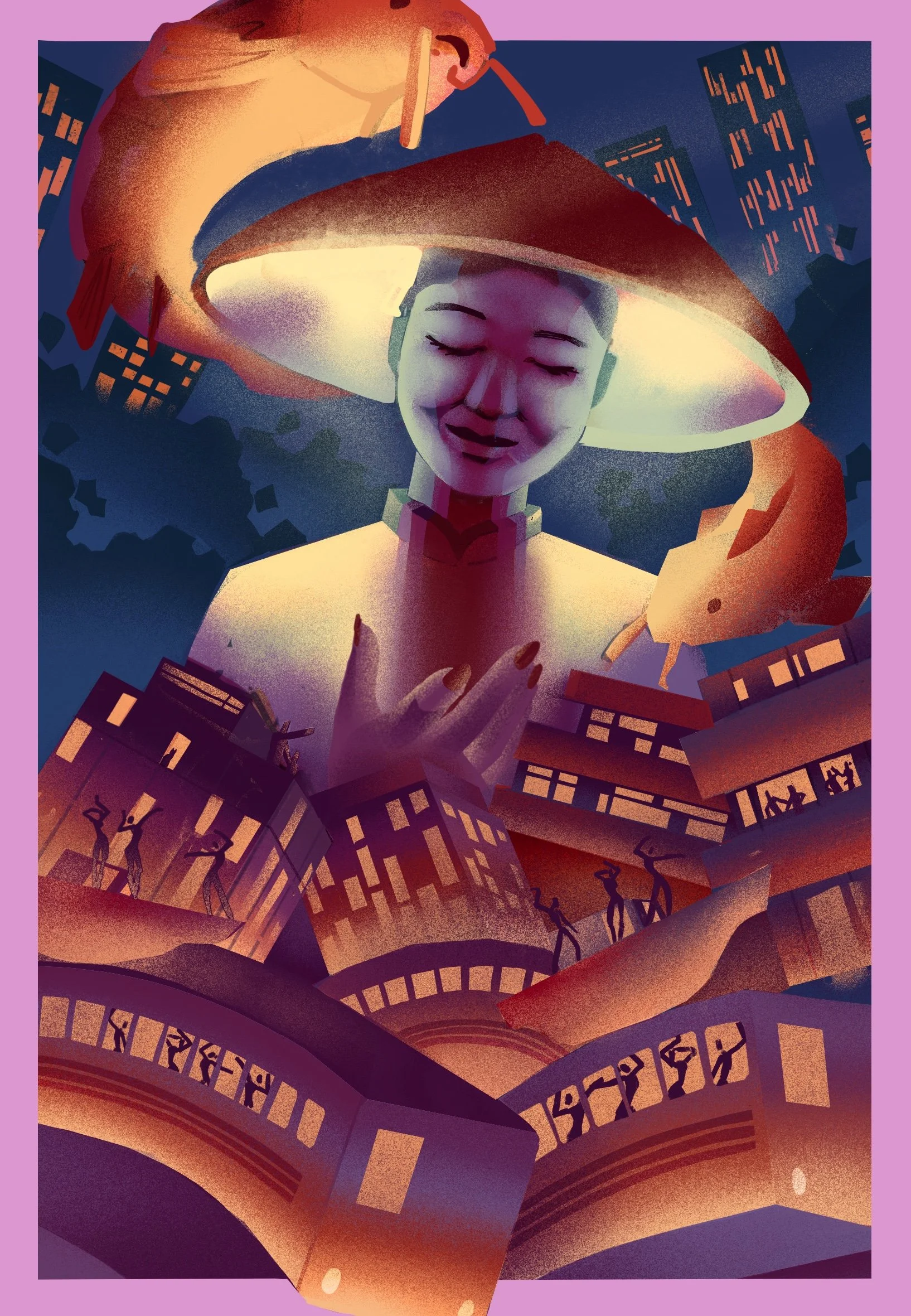 A digital illustration of a woman with closed eyes, wearing a large wide-brimmed hat, set against a backdrop of a cityscape with tall buildings, and with people walking on the streets below.