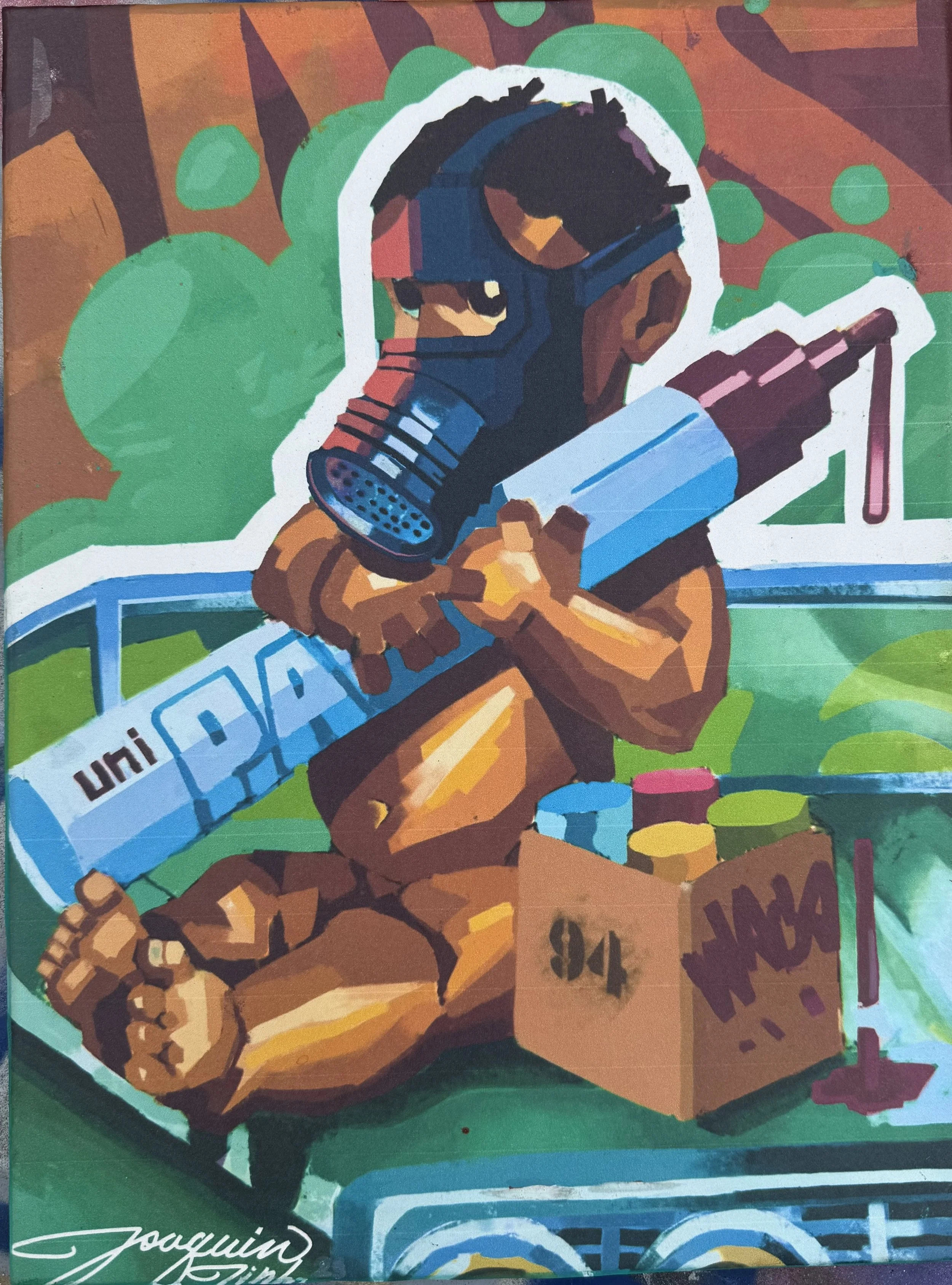 Mural of a woman with short dark hair, wearing large sunglasses, smoking a cigarette, holding a spray paint can, and dressed in a yellow suit. The background is green with abstract shapes and a purple flower at the bottom right corner.