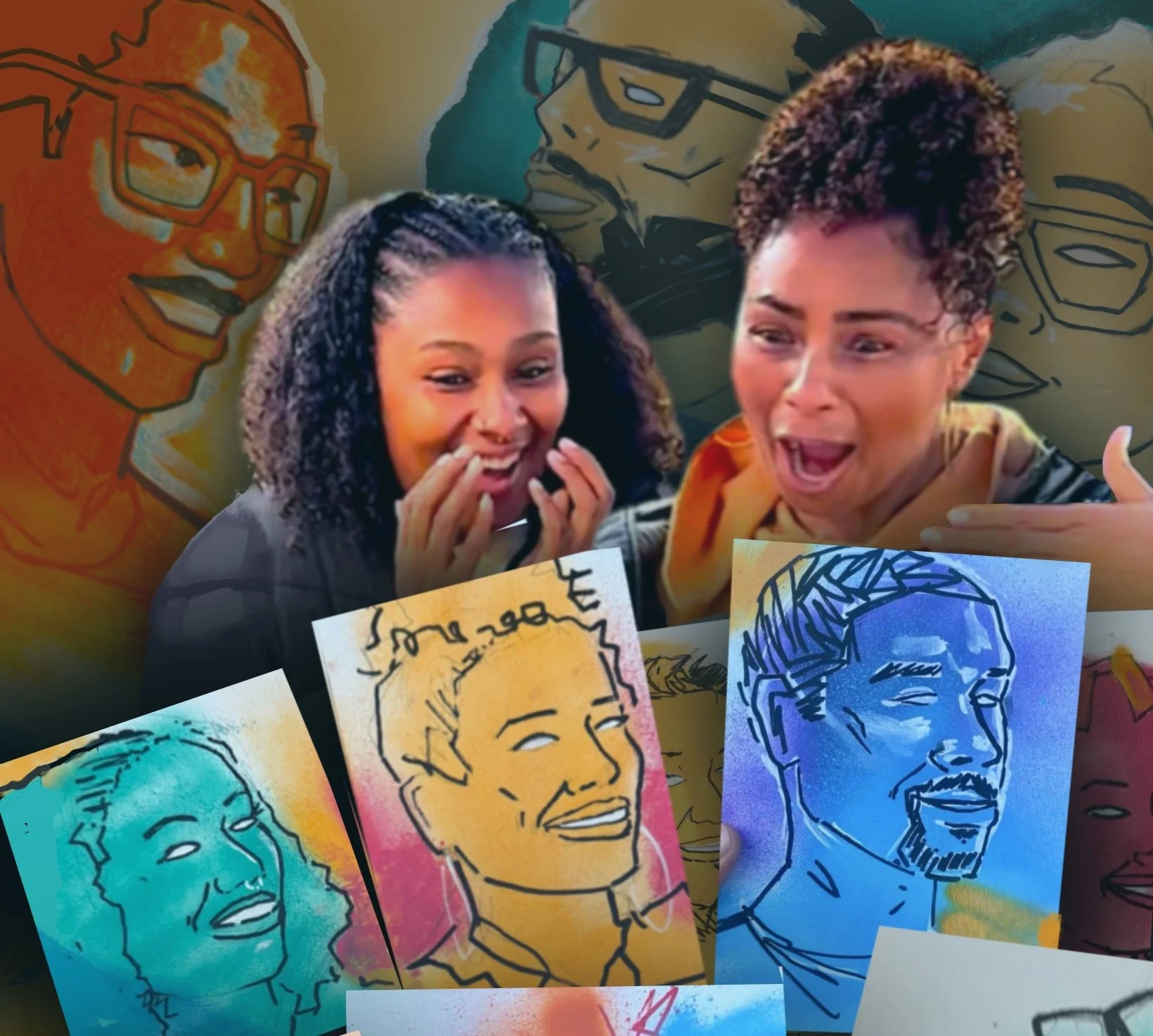 Colorful illustrations of people's faces, some in comic-style artwork, with two women in the foreground looking at the artwork and smiling or surprised.