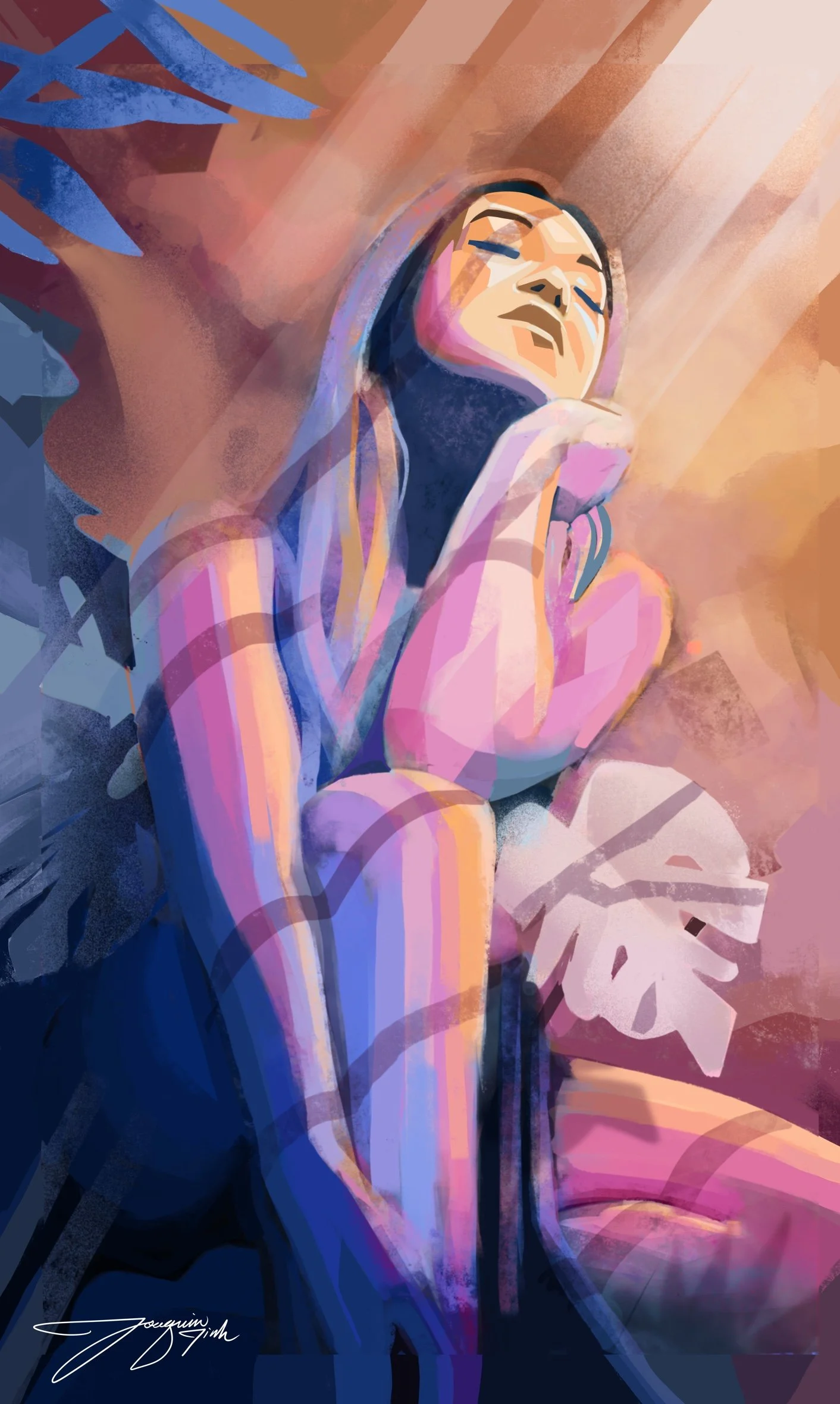 An artistic digital painting of a woman with closed eyes and relaxed expression, sitting with her hand resting on her chin, surrounded by a colorful background with pink, purple, and orange tones and abstract leaves.
