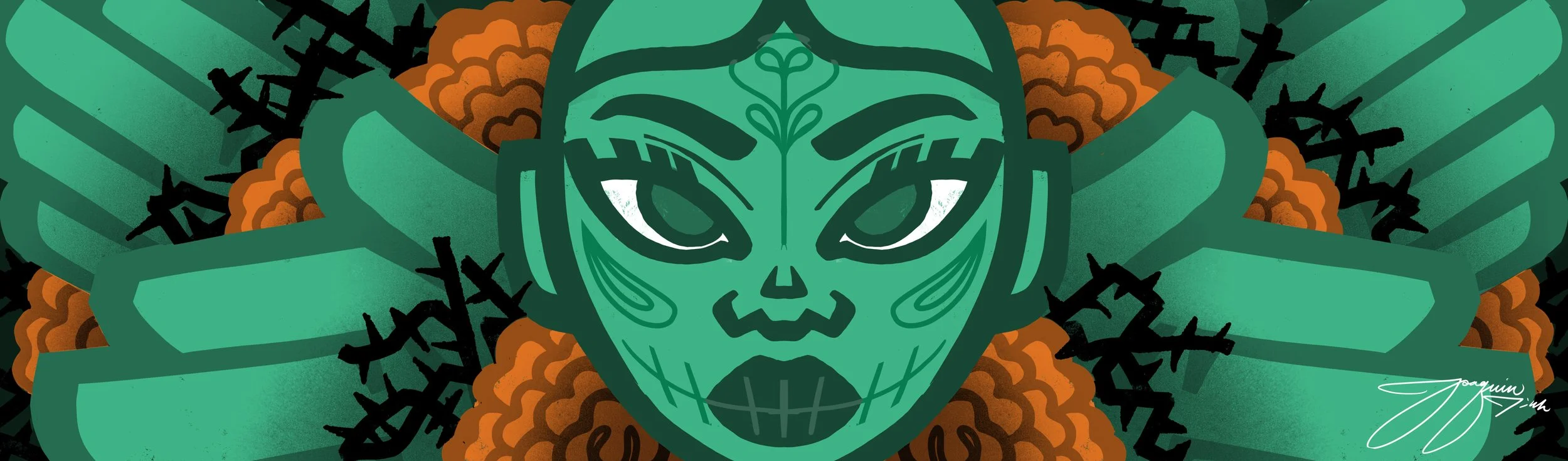 Stylized illustration of a face with animal features, surrounded by green leaves and orange flowers, in a vibrant, graphic art style.