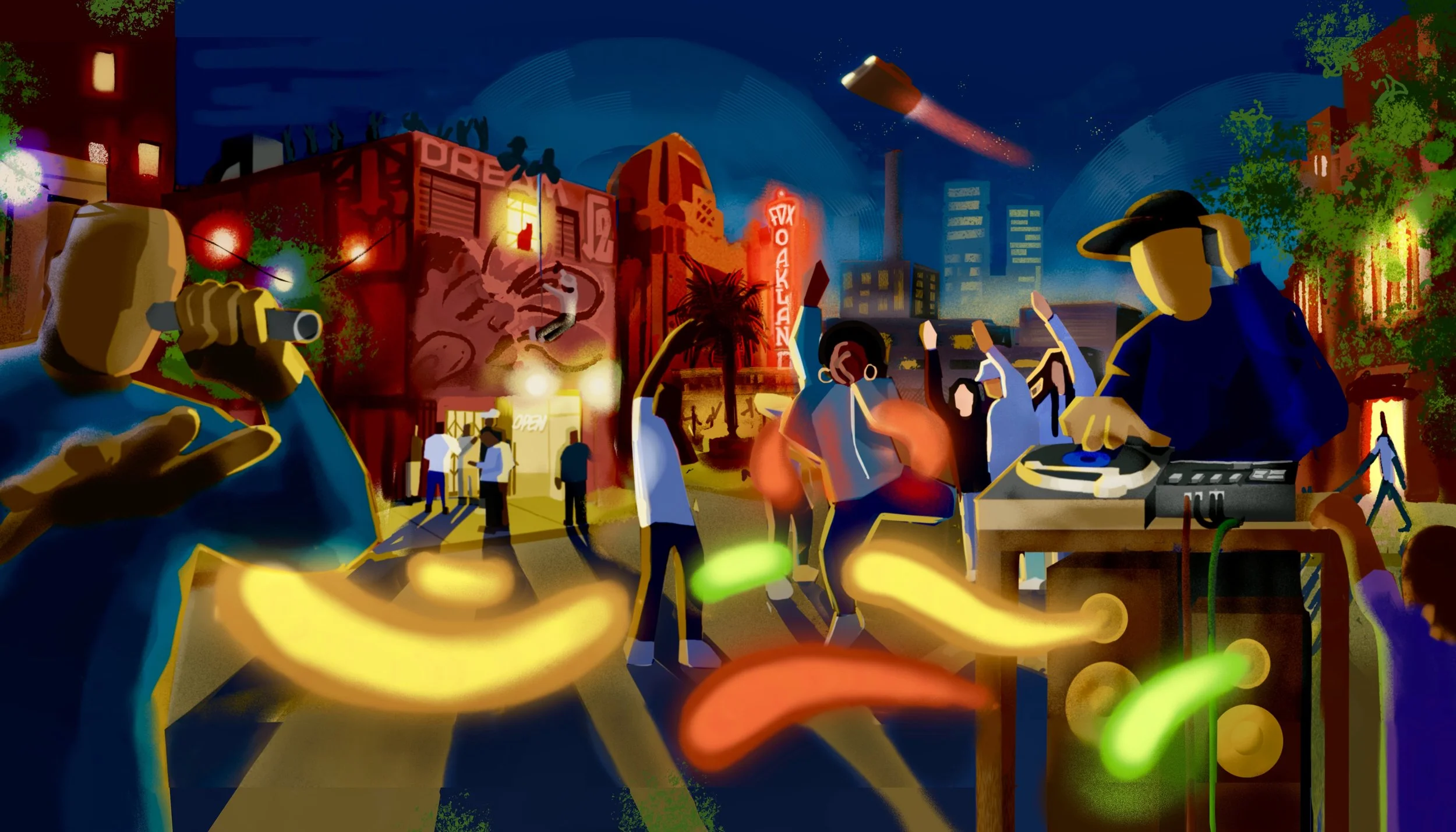 A colorful urban night scene with people dancing and socializing outdoors, featuring neon signs, a DJ playing music, and vibrant lighting.